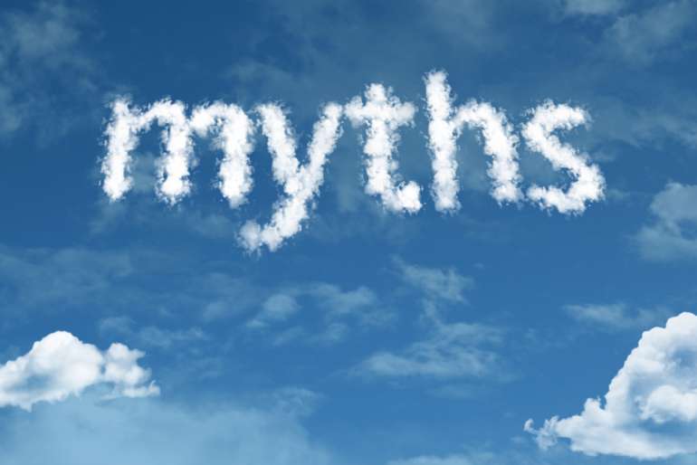 The word 'myths' written with clouds