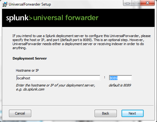 Splunk Universal Forwarder settings panel